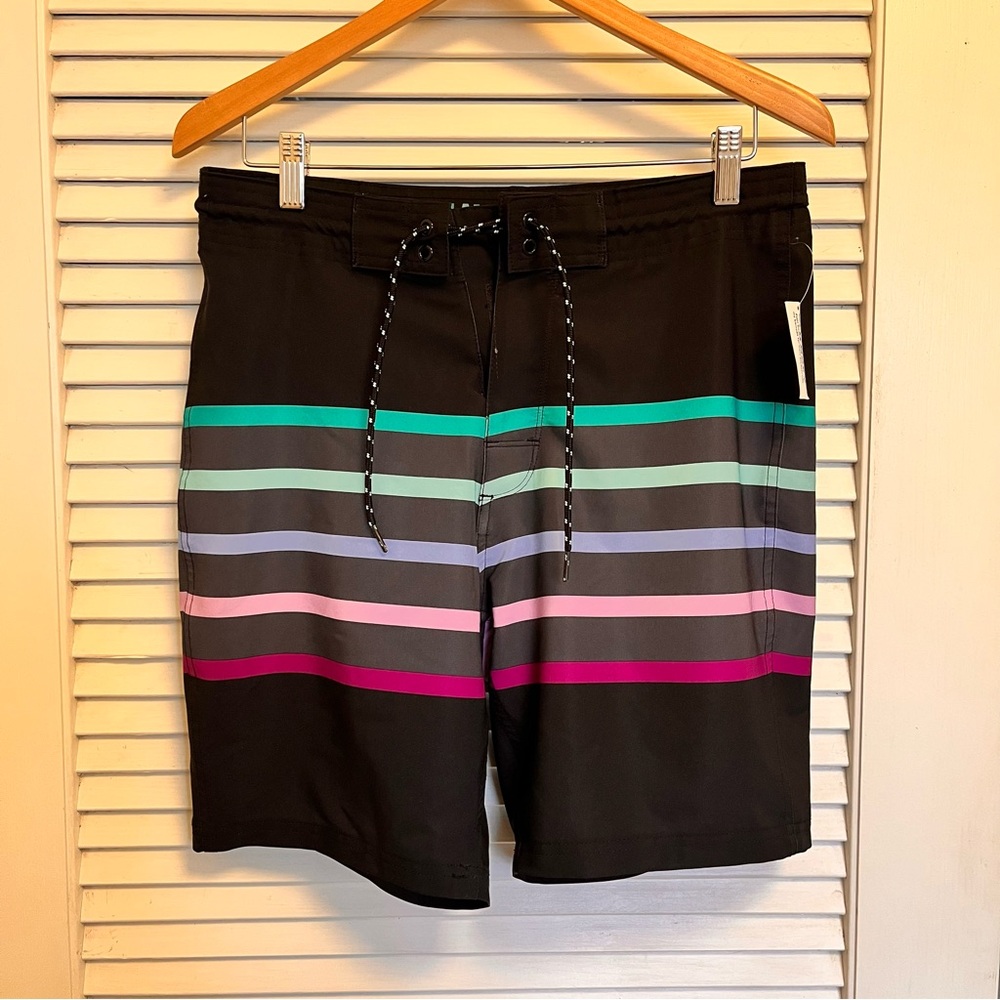 NWT Old Navy Black Board Shorts with Teal, Mint & Pink Stripes